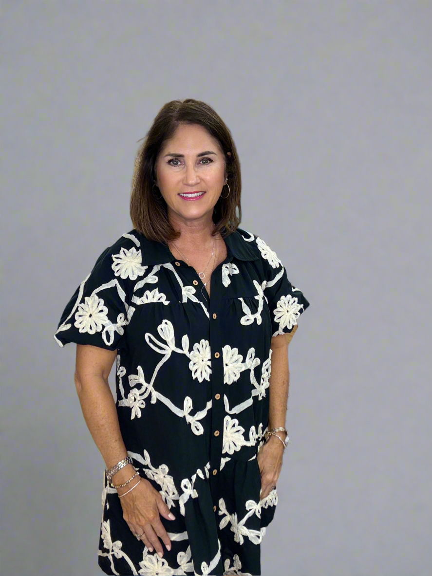 Button down featuring floral ribbon applique all over