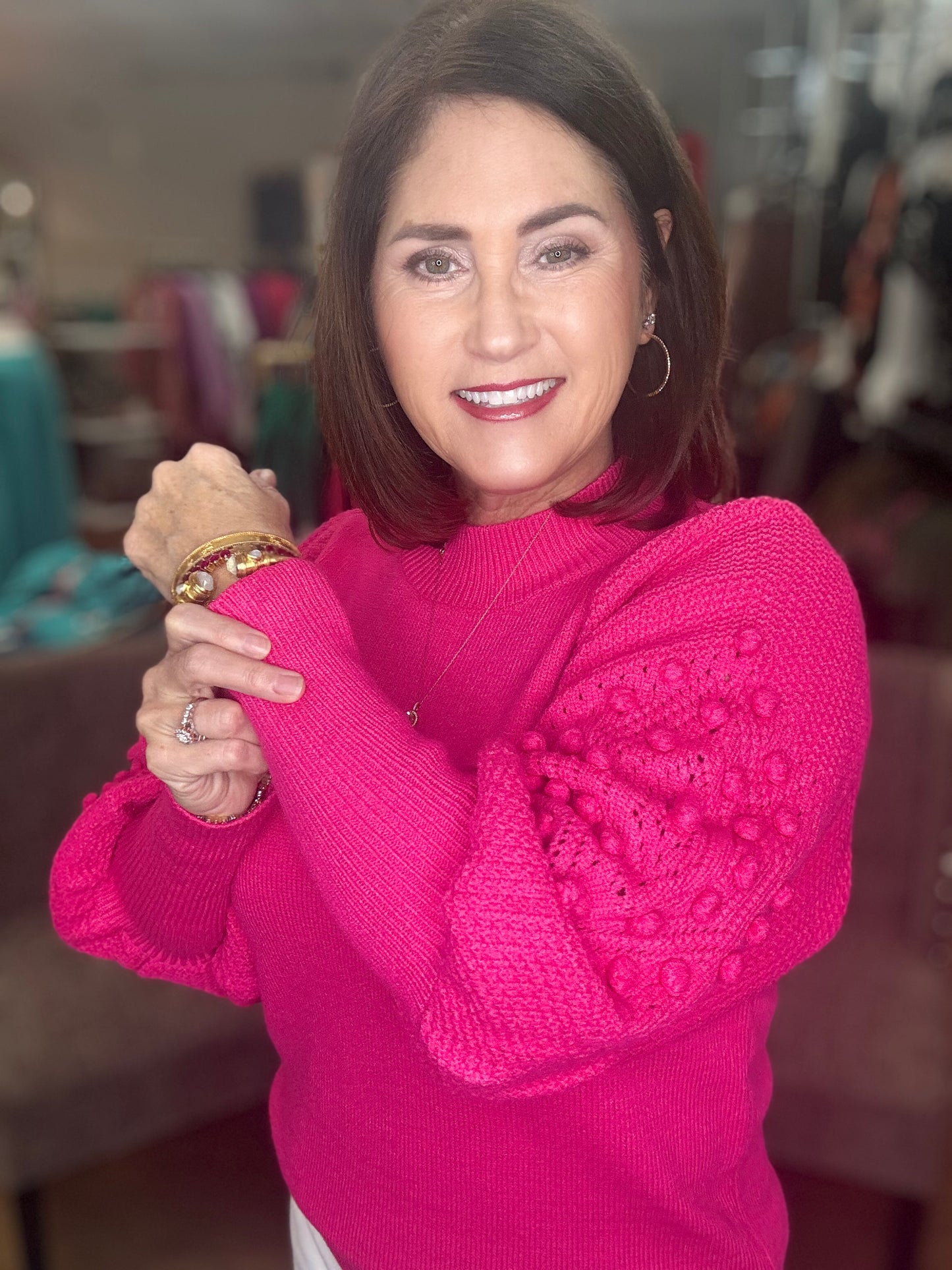 TEXTURED LONG PUFF SLEEVE SWEATER TOP