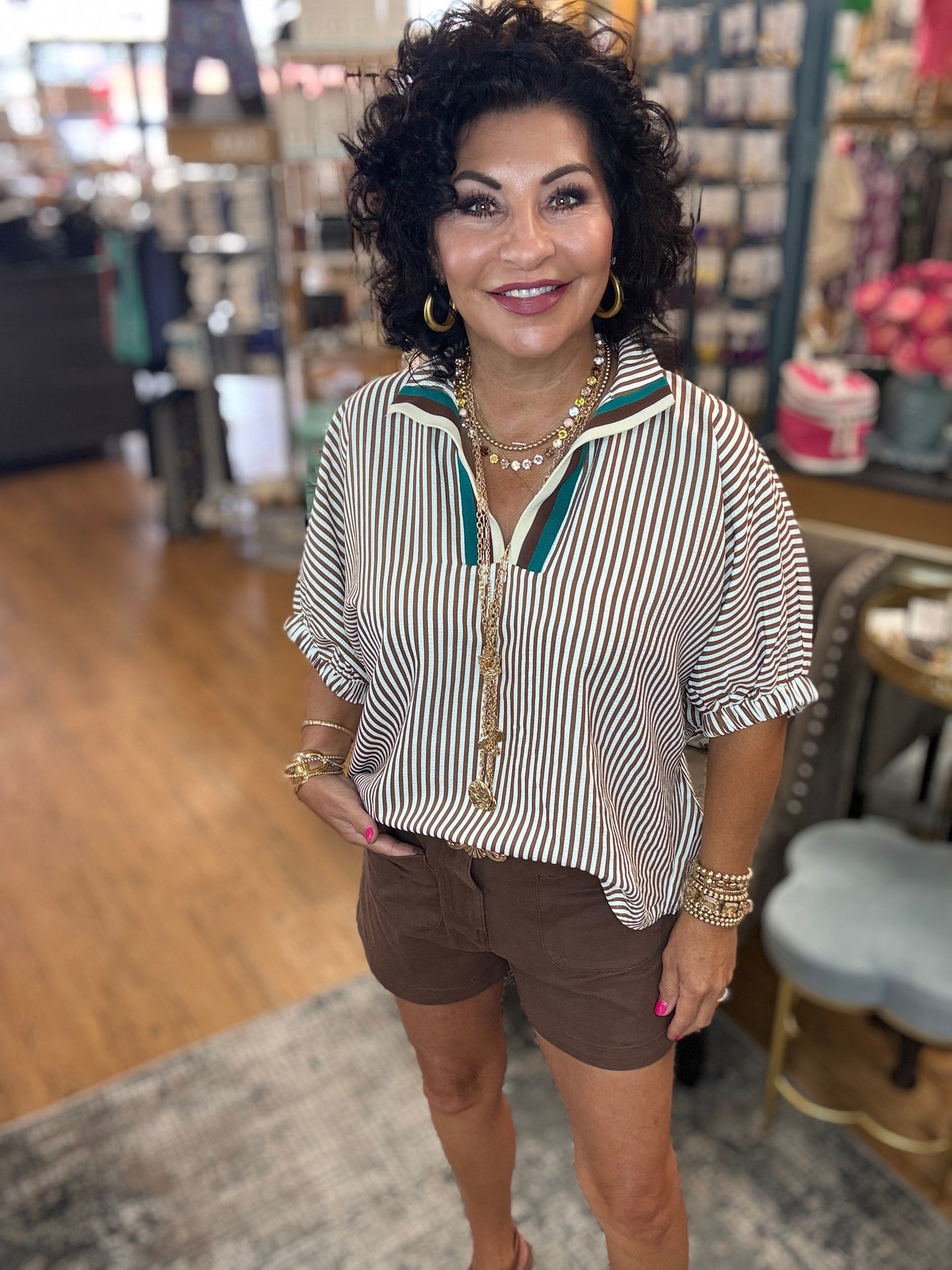Stripe pattern high neck elasticated sleeve band dolman top