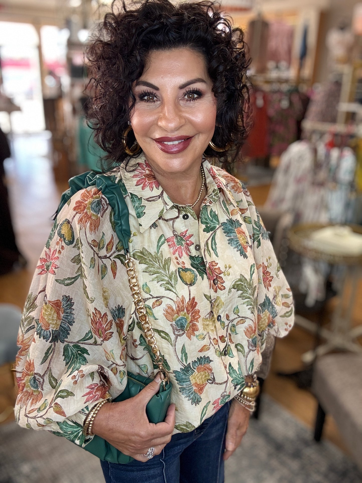 Floral print 3/4 sleeve button-down top featuring dropped shoulders