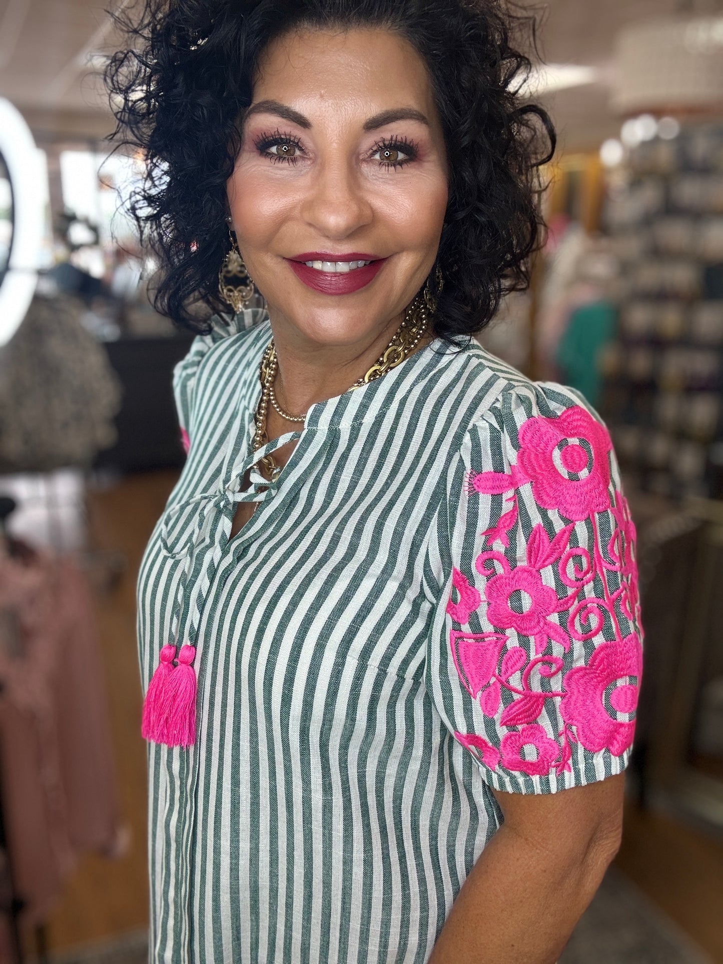 Striped with Floral Embroidery