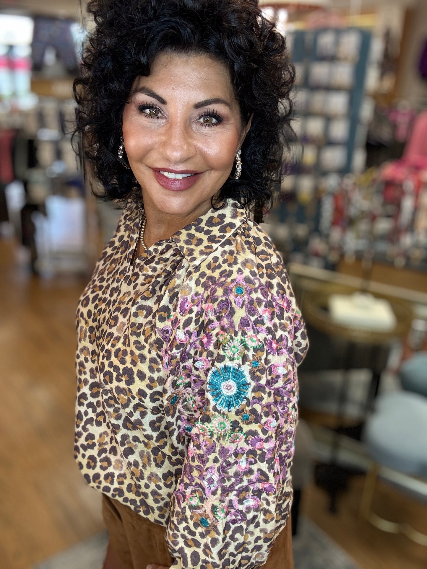 Leapord V neck Top w/ Embroidered Detail
