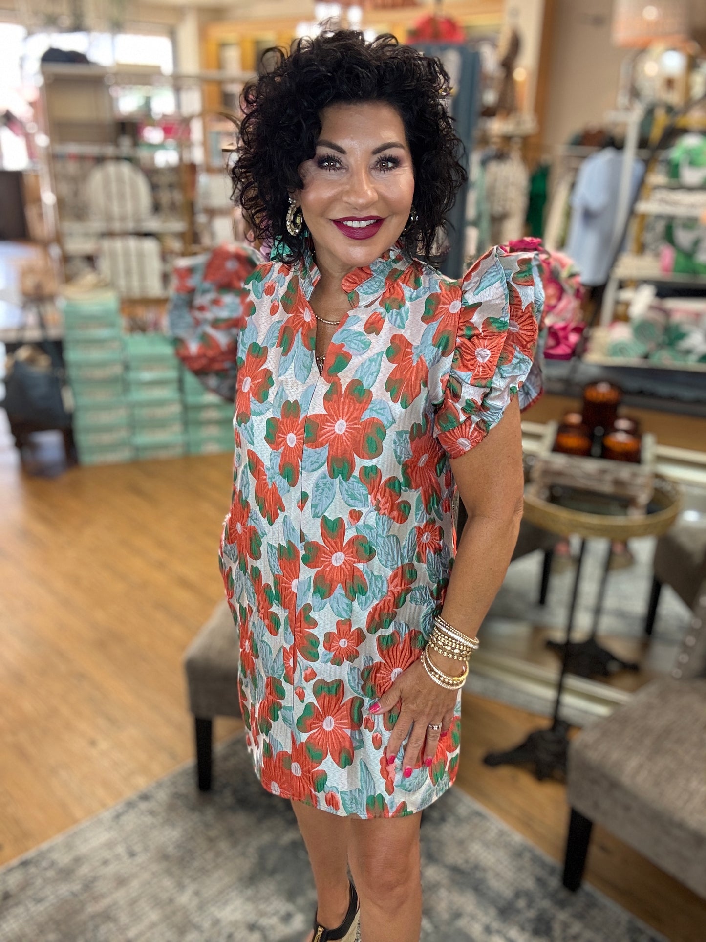 Ruffled cap sleeves floral jacquard dress with side pockets, ruffled neckline