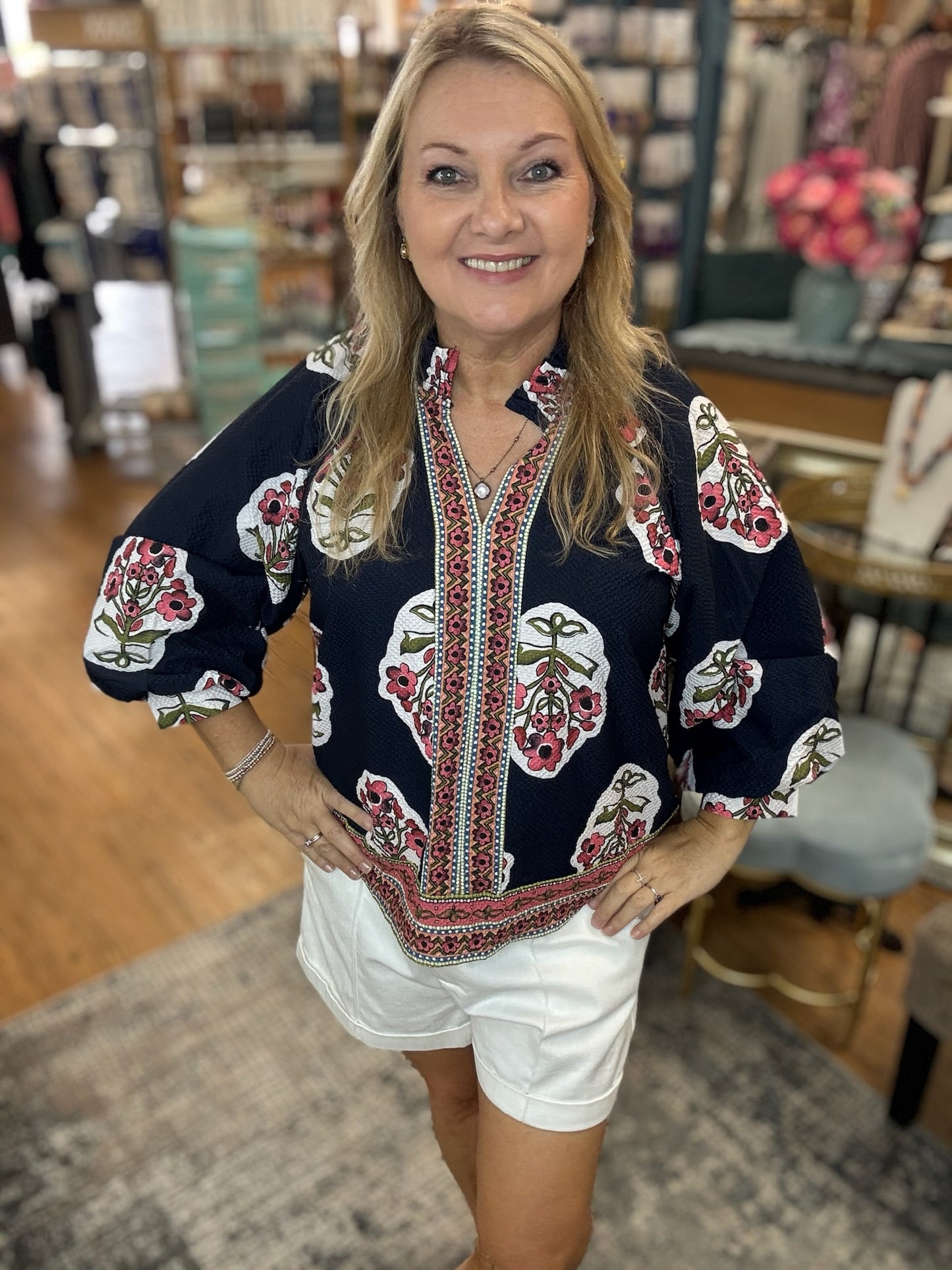 Smocked Stand up Collar Puff Sleeve Top