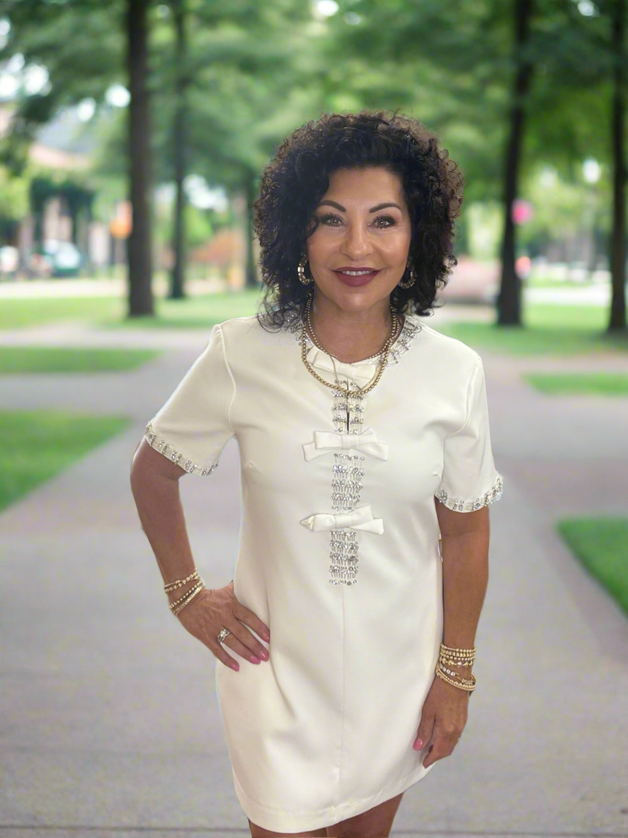 Beaded and Crystal Embellished Bow Trim Mini Dress