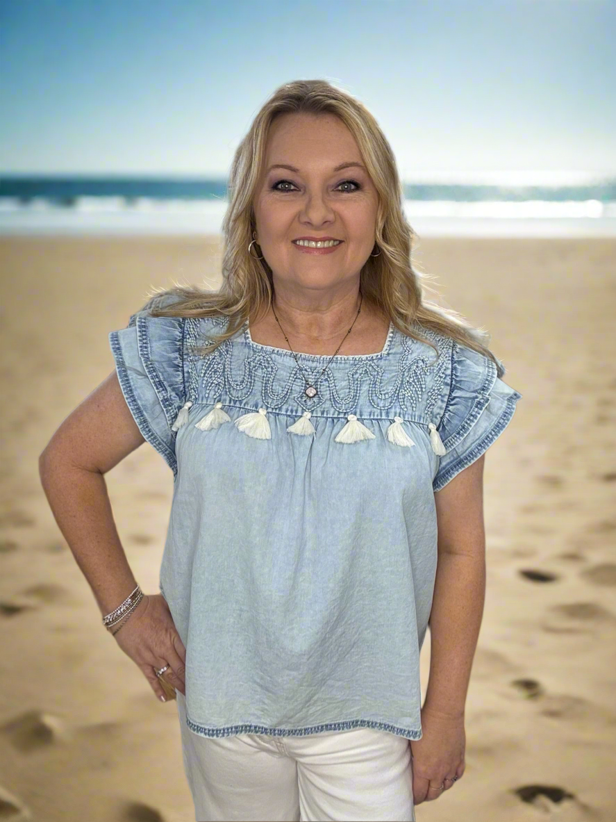 Embroidered Ruffle Sleeve Top