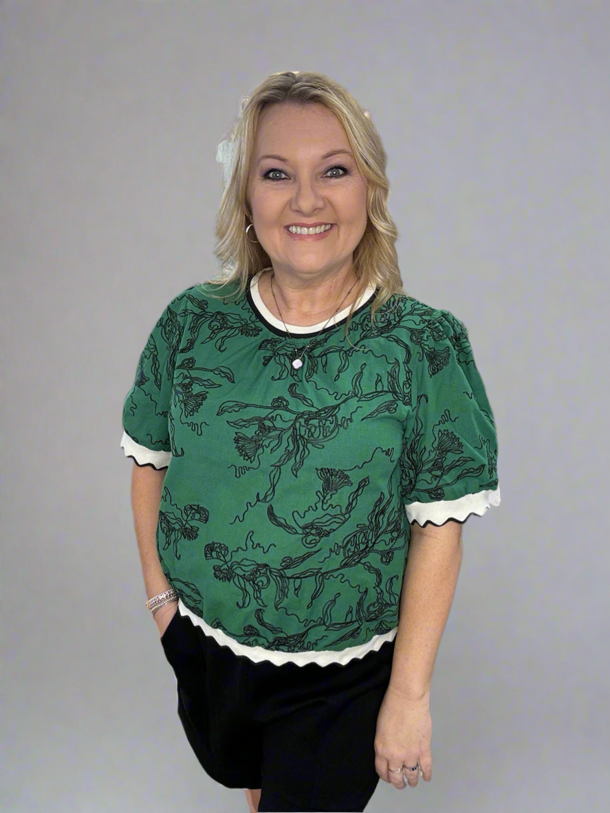 Abstract Floral Embroidered Scalloped Band Top