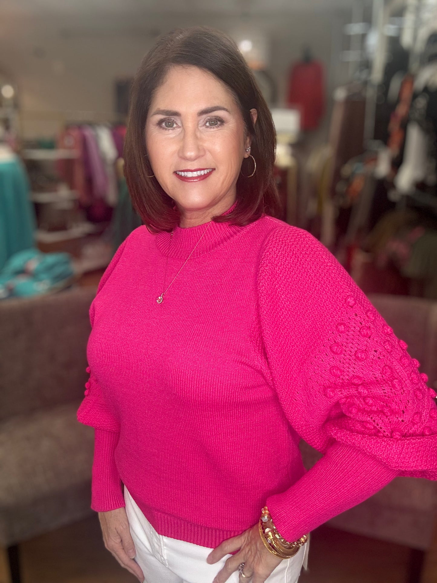TEXTURED LONG PUFF SLEEVE SWEATER TOP