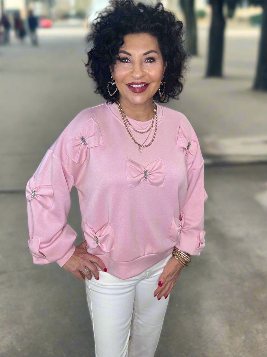Rhinestone Bow Long Sleeve Top