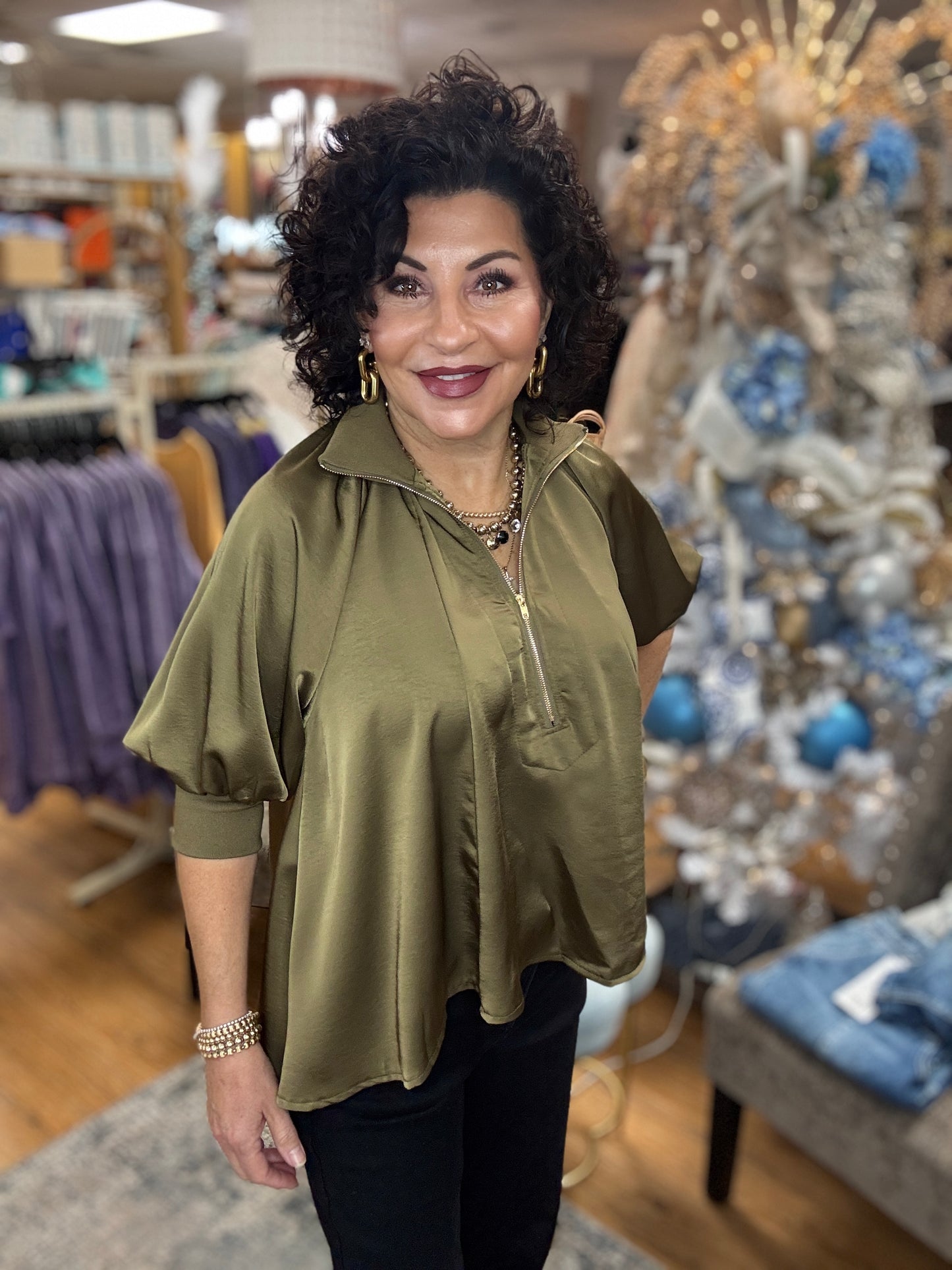 Zipper Front Band Puff Sleeve