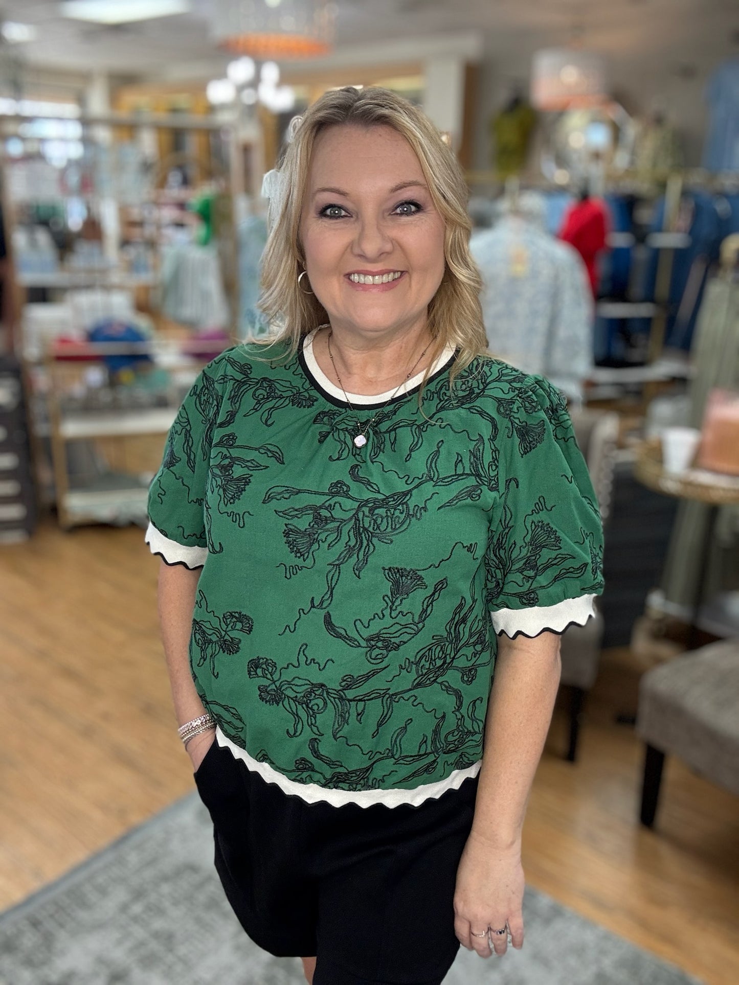 Abstract Floral Embroidered Scalloped Band Top