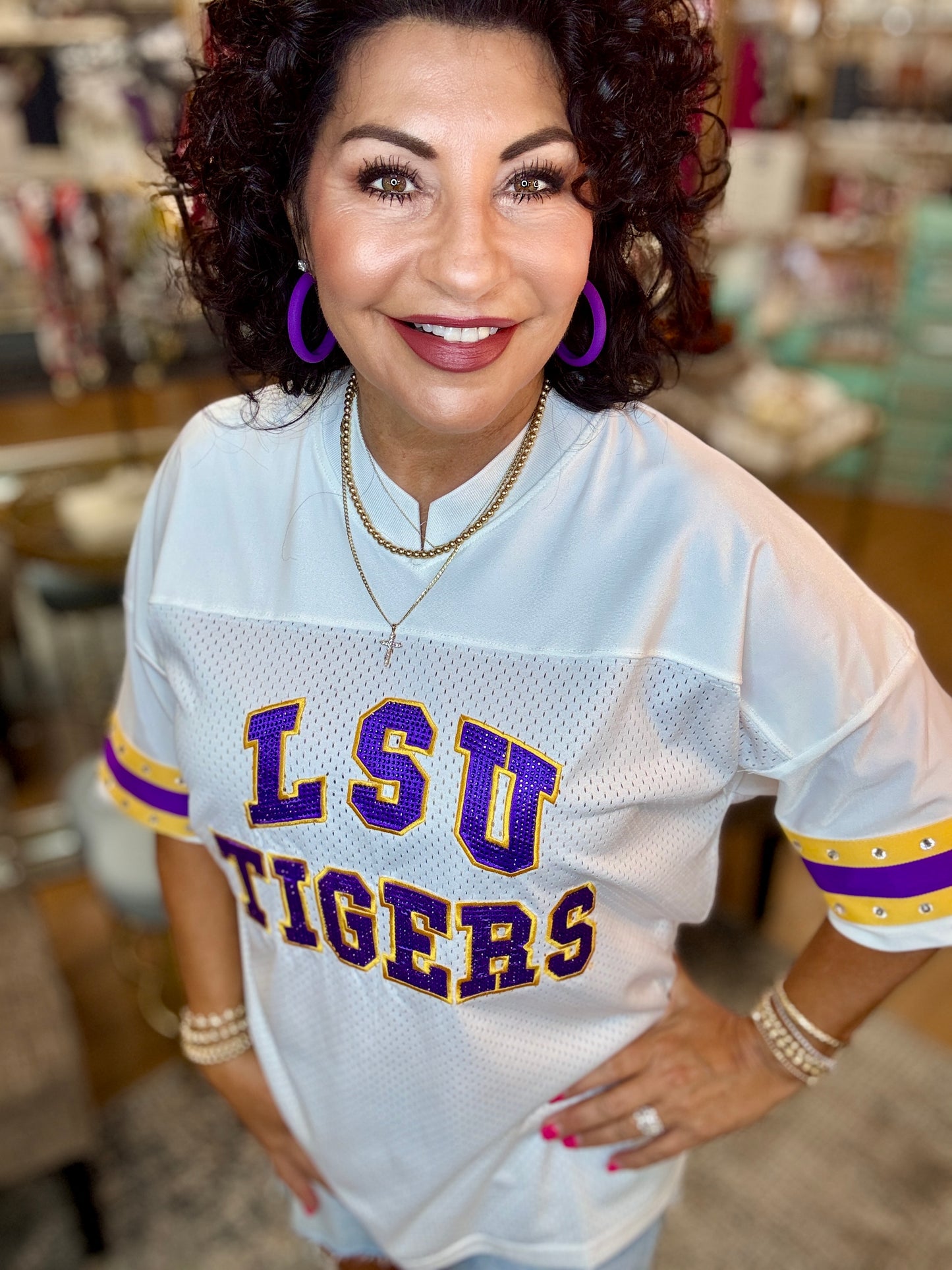 LSU TIGERS V-NECK RHINESTONE-STRIPED TRIM FASHION JERSEY Top