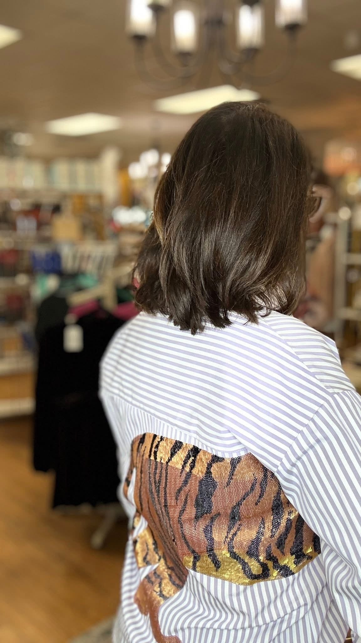 Women’s Purple Striped Sequined Tiger Button Down Shirt