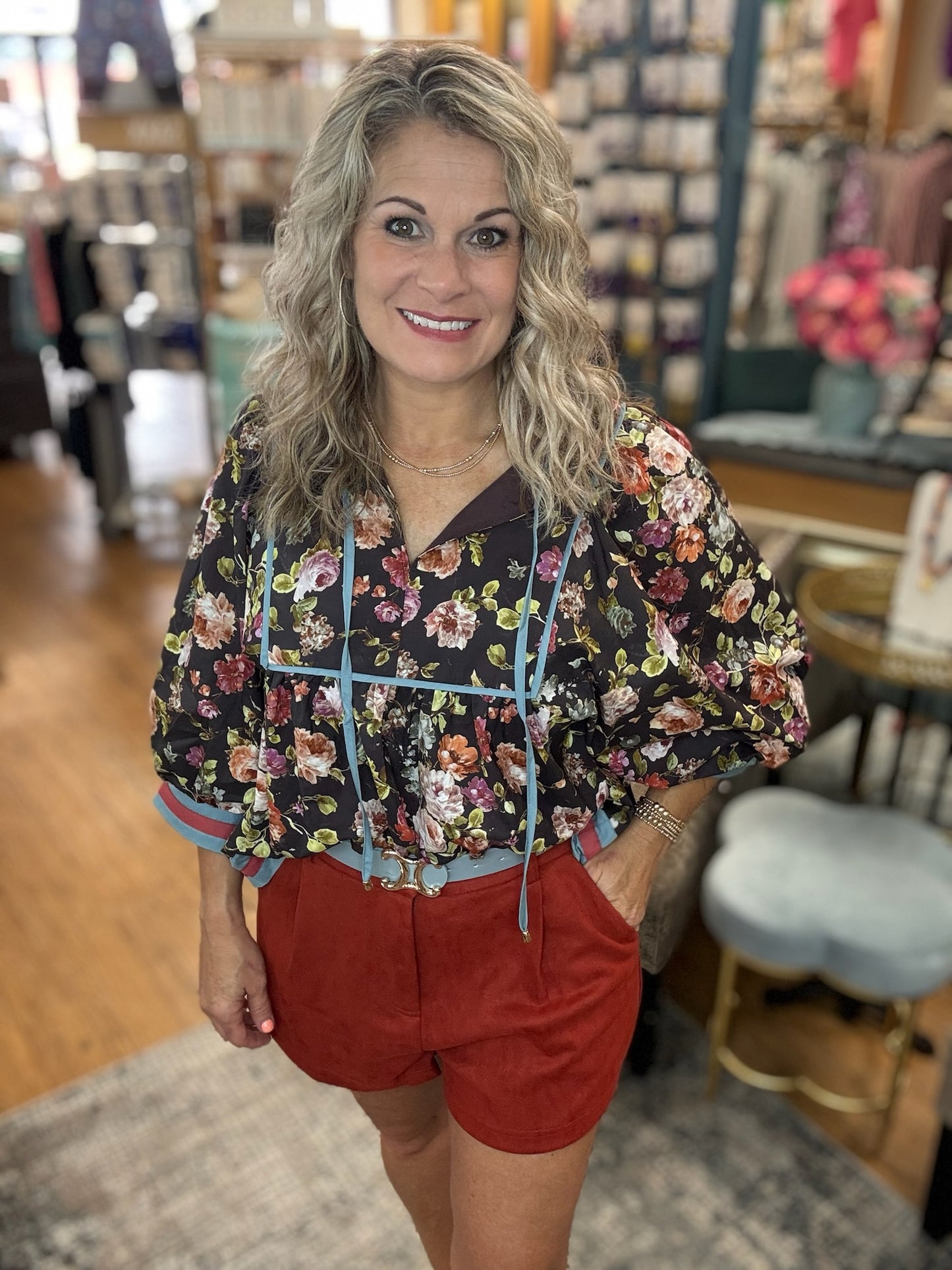 Vintage floral pattern ¾ sleeve empire waist loose top
