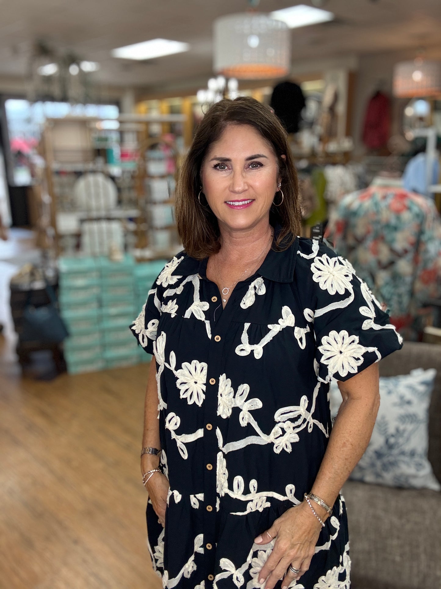 Button down featuring floral ribbon applique all over