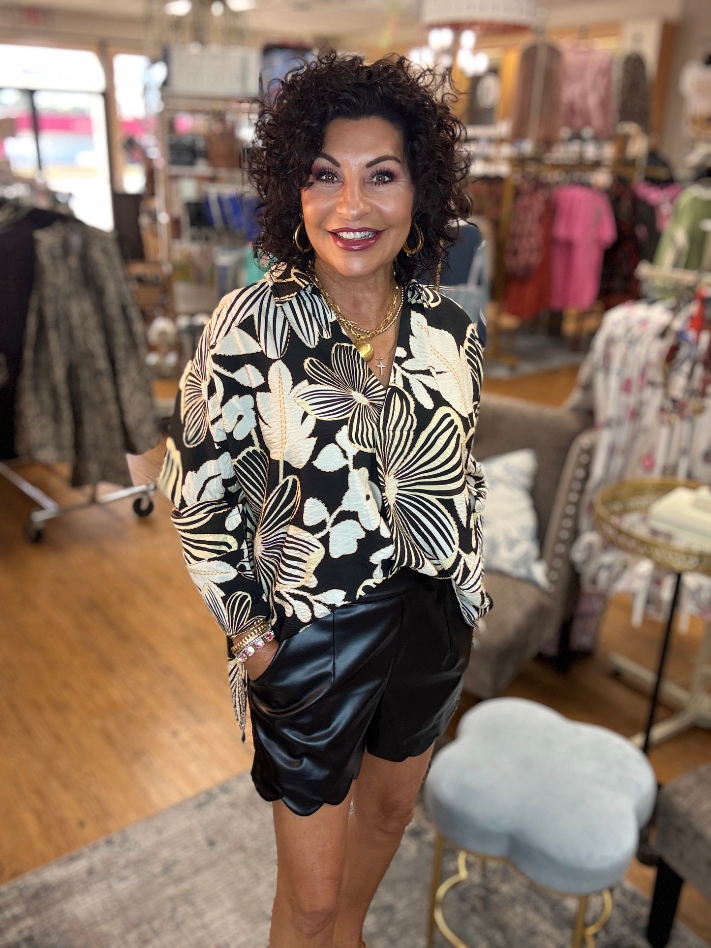 V-Neck Collared Oversize Top w/Button Cuff