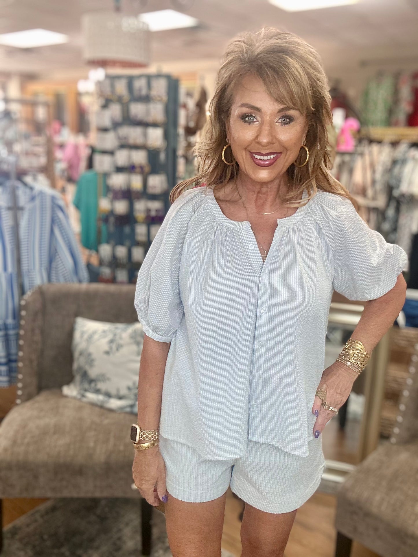 Pinstripe Seersucker Elastic Waist Shorts