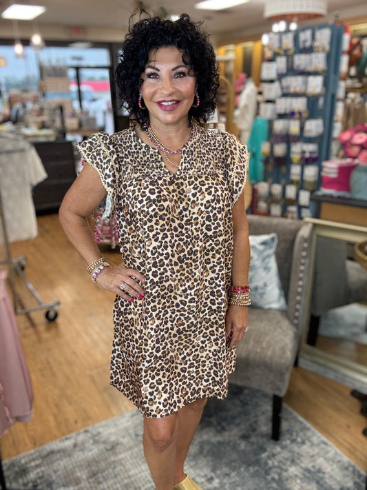 Leopard Woven Ruffle Sleeve Dress