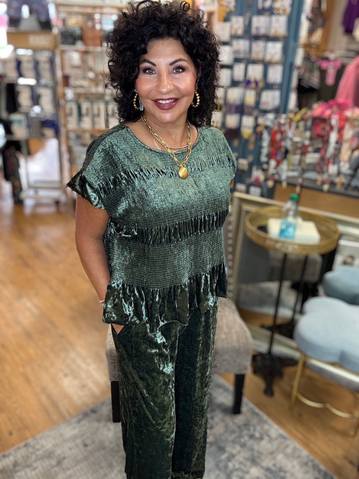 Crushed Velvet Gather Short Sleeve Top