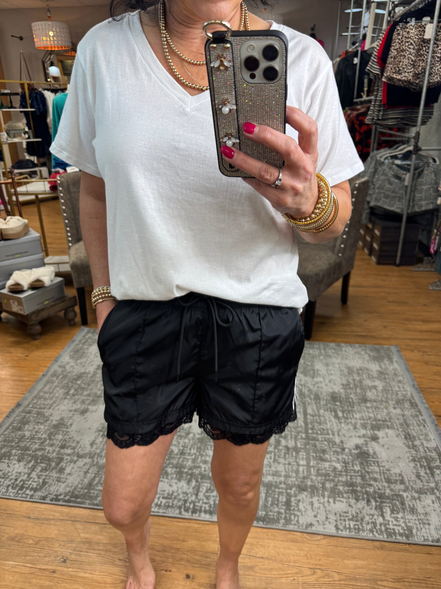 Lace Trim Stripe Side Track Shorts