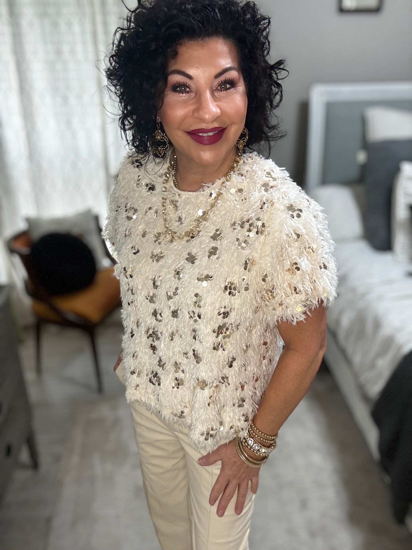 Short Sleeve Fluffy Sequin Top