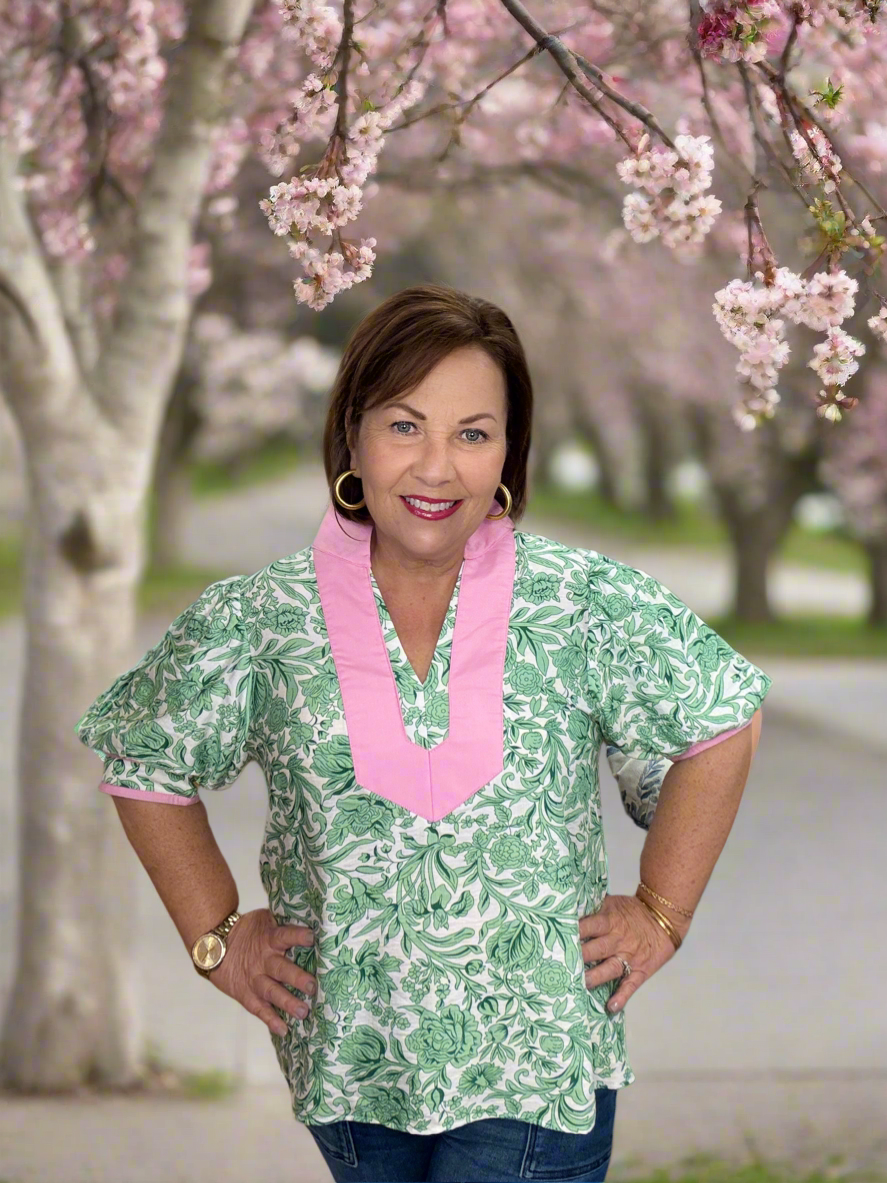 GREEN TRIMMED IN PINK FLORAL