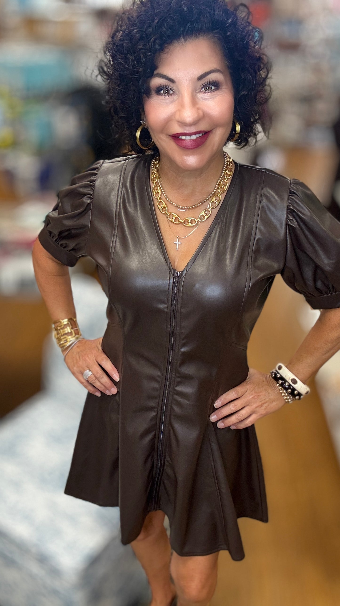 Faux Leather V-Neck Zipper Front Dress