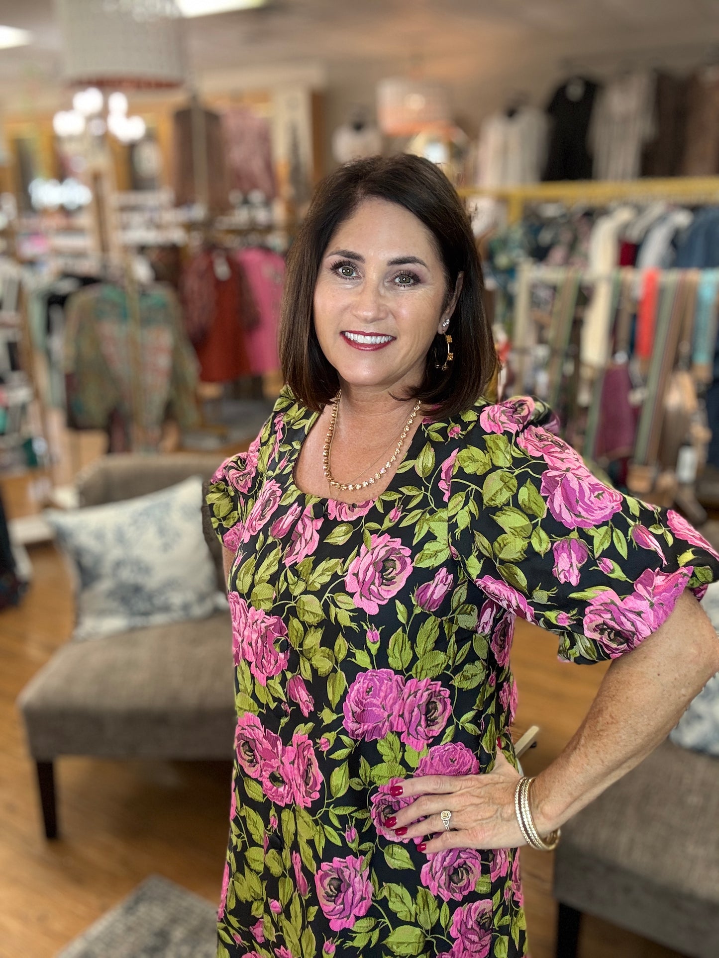 Floral print short puff sleeve mini dress featuring square neckline and button