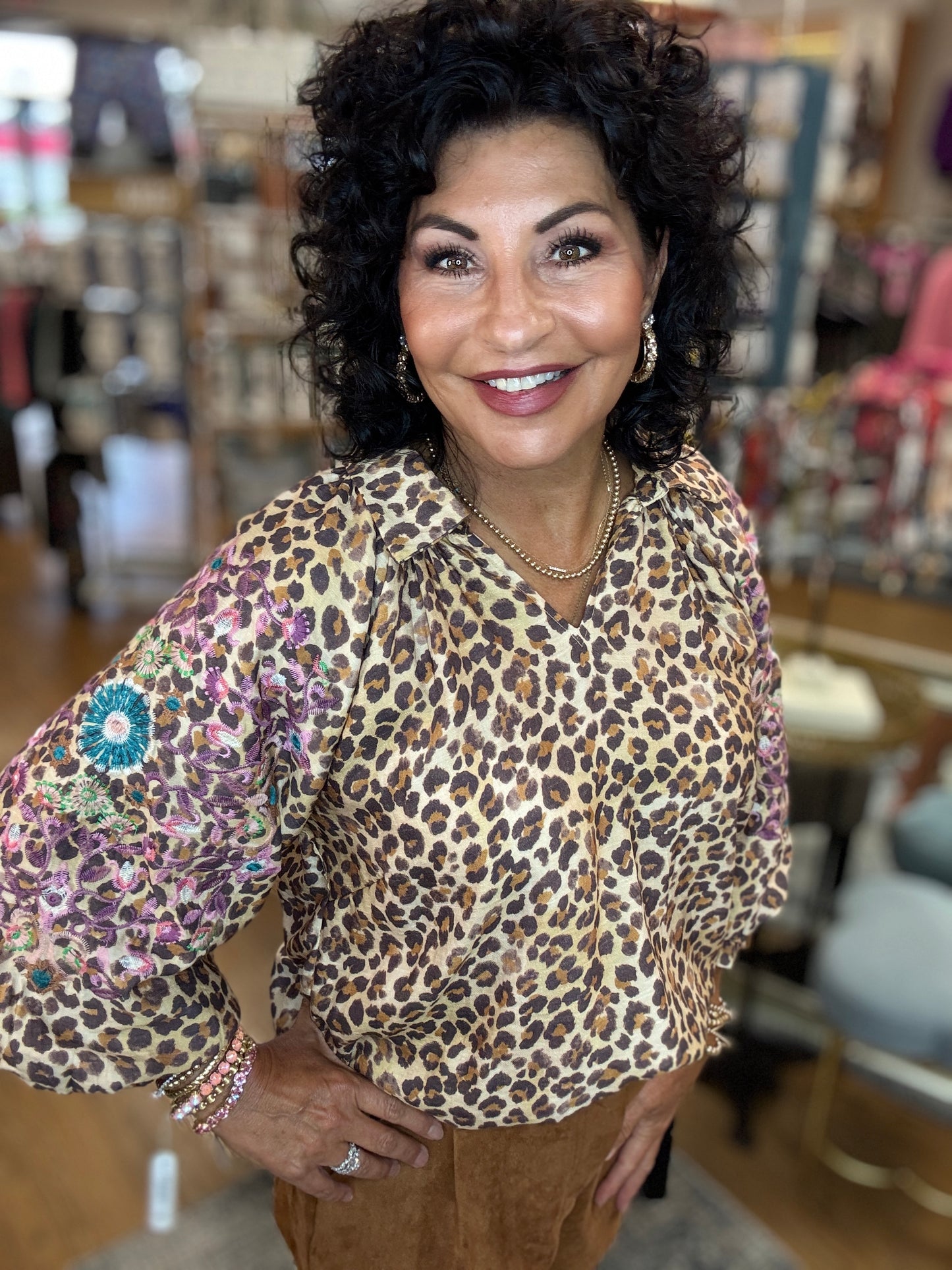 Leapord V neck Top w/ Embroidered Detail