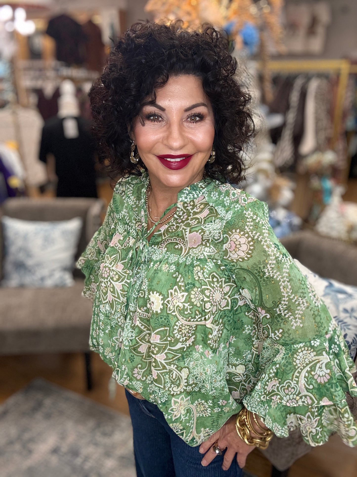 Print Chiffon W Lurex Ruffle Details Sleeve Top