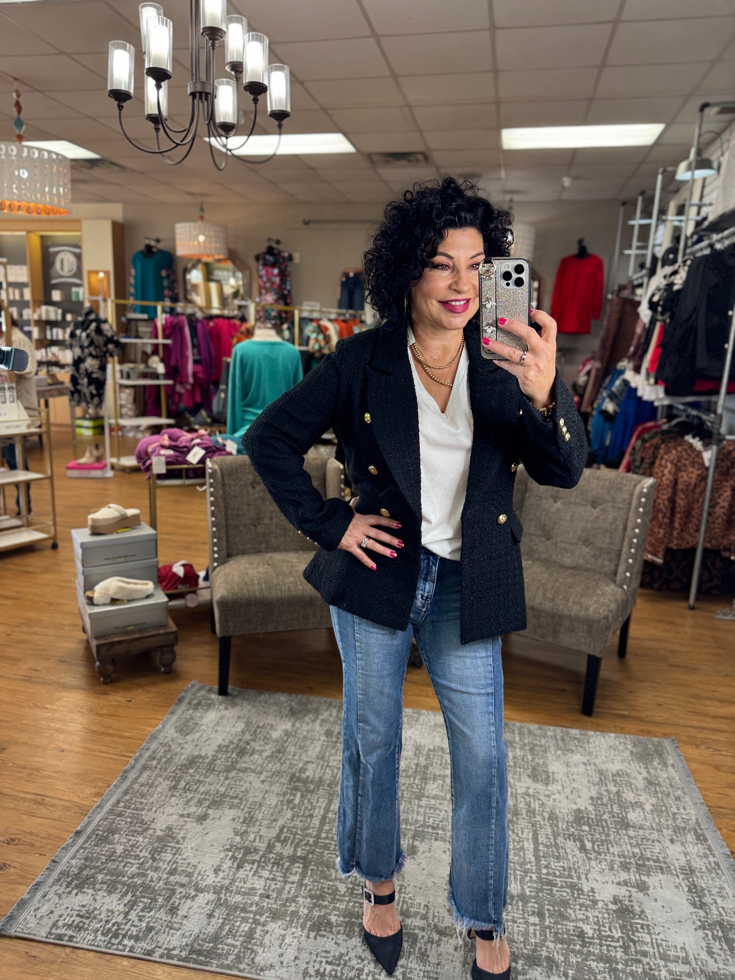 Gold Button Double Breasted Tweed Blazer