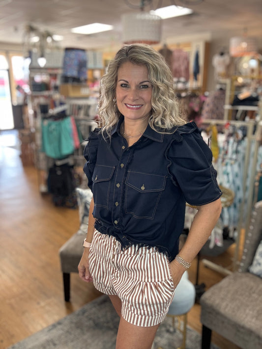Mineral Washed Striped Button Down Shorts