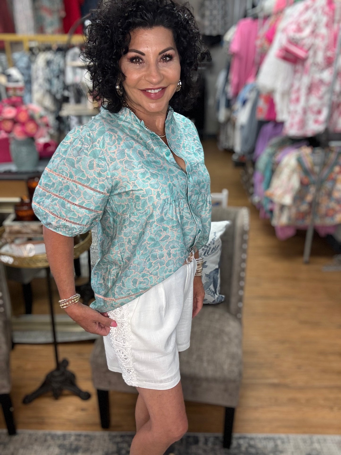 White Linen zipper front crochet lace side shorts