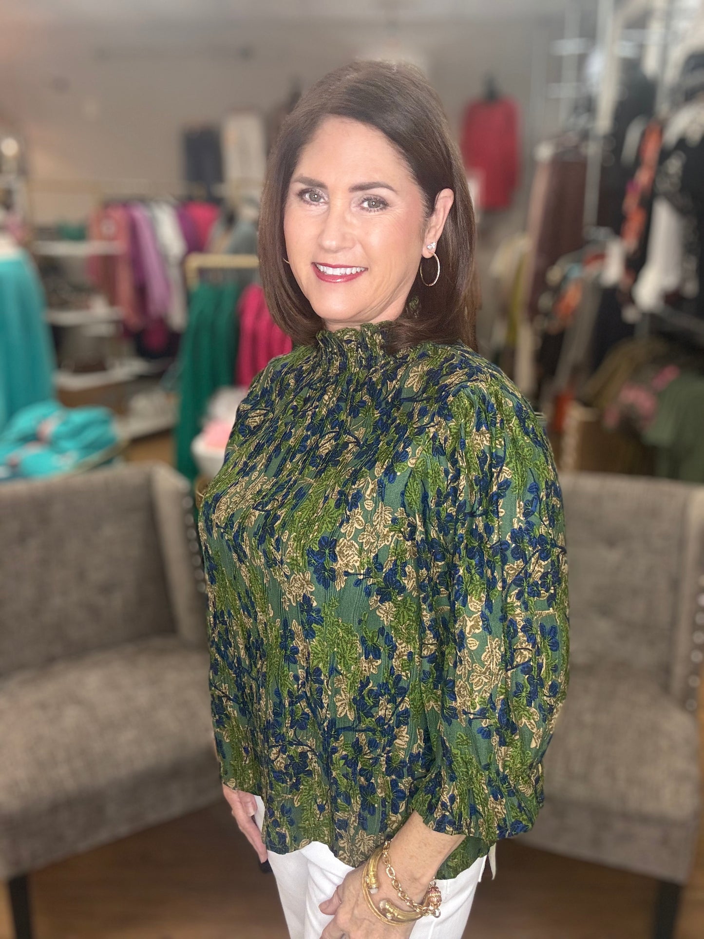 Smocked Mock Neck Pleated Floral Top