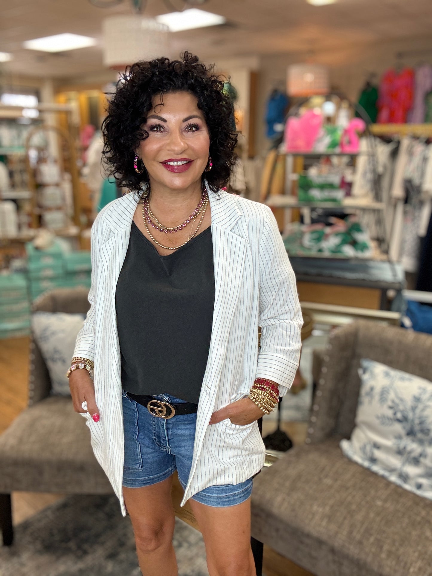 Pin Striped Soft Linen 3/4 Jacket