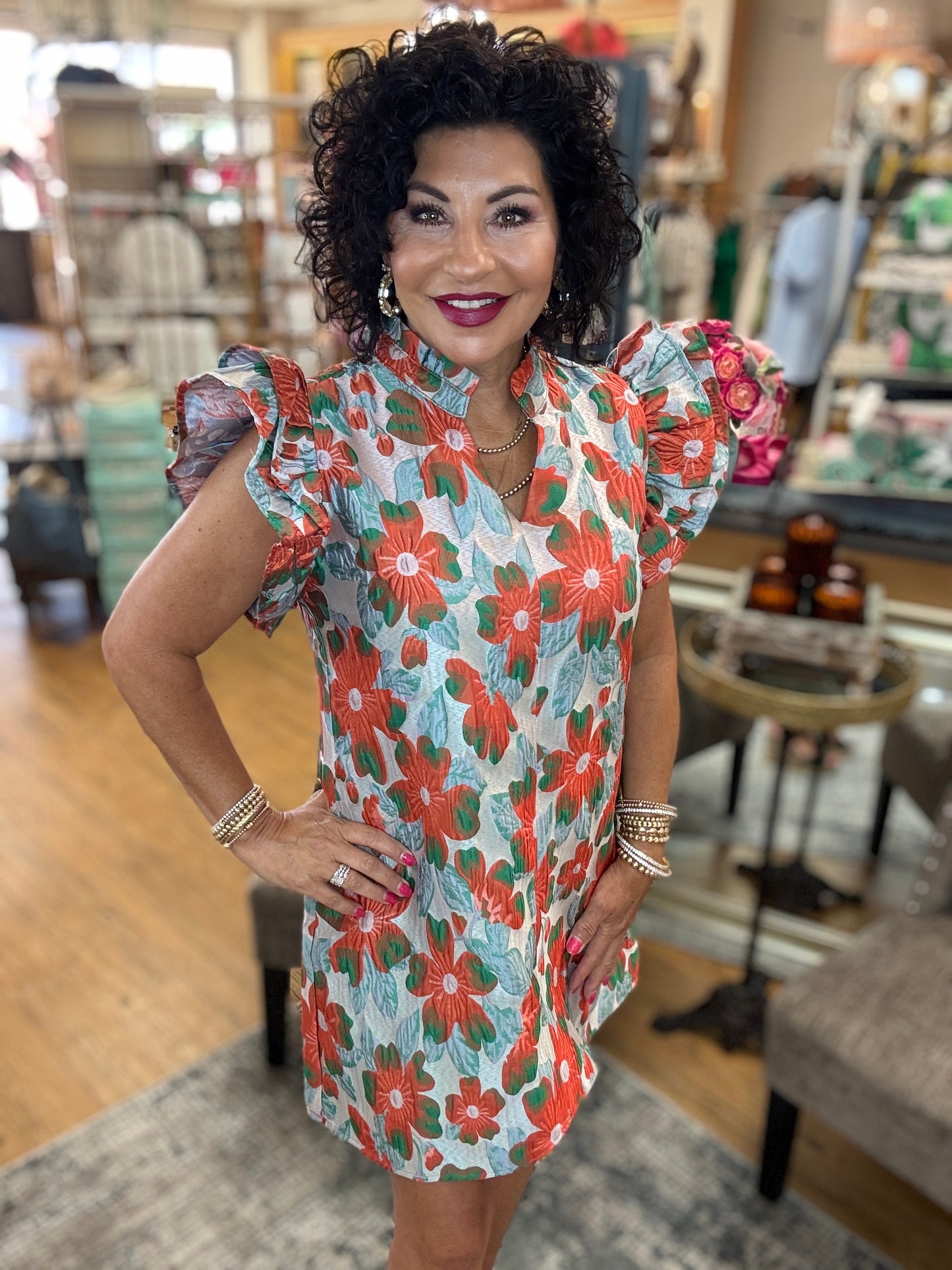 Ruffled cap sleeves floral jacquard dress with side pockets, ruffled neckline