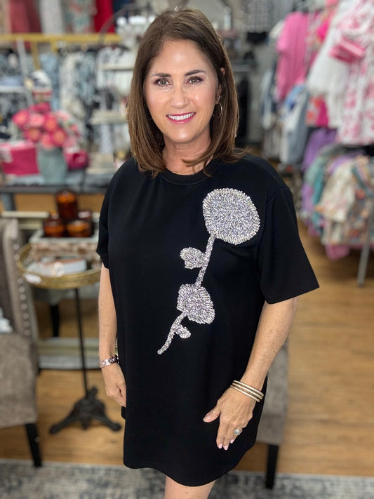 T-Shirt Dress Rhinestone Flower Detail