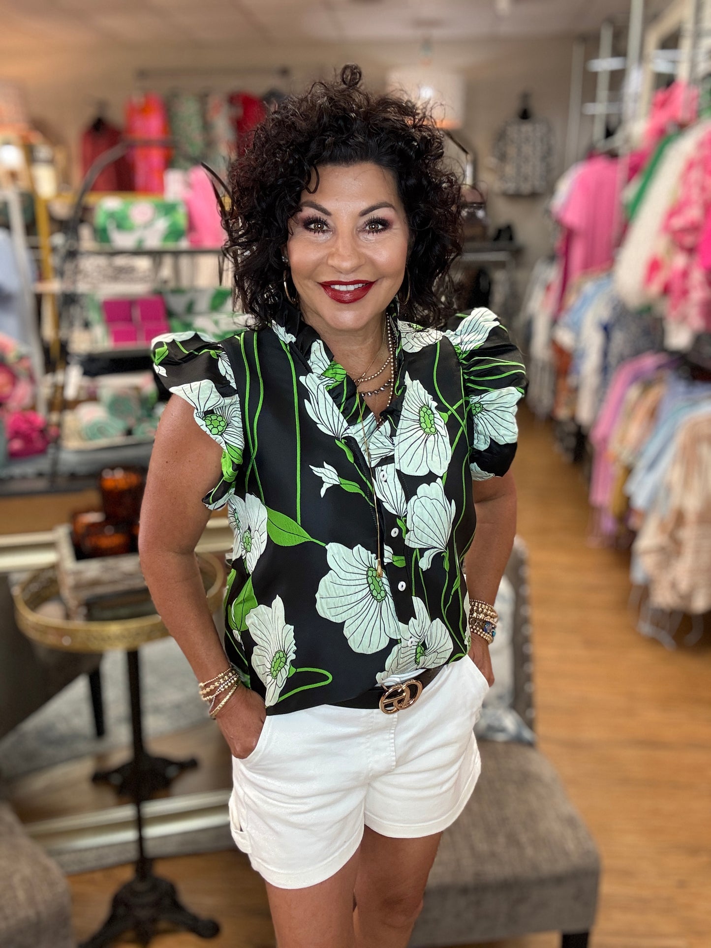 Floral jacquard cap bubble sleeve top featuring ruffle accent button front