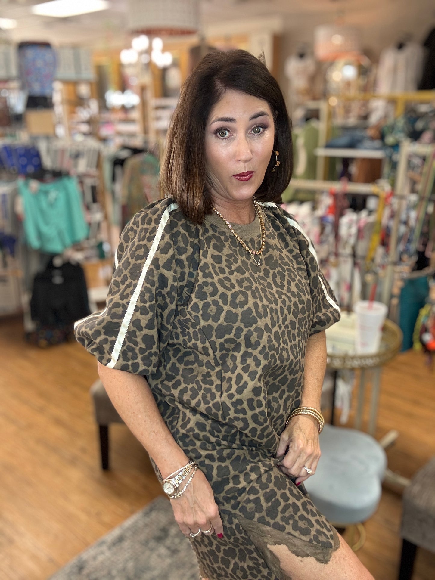 Leopard T-Shirt Dress w/Sleeve detail and lace hem.