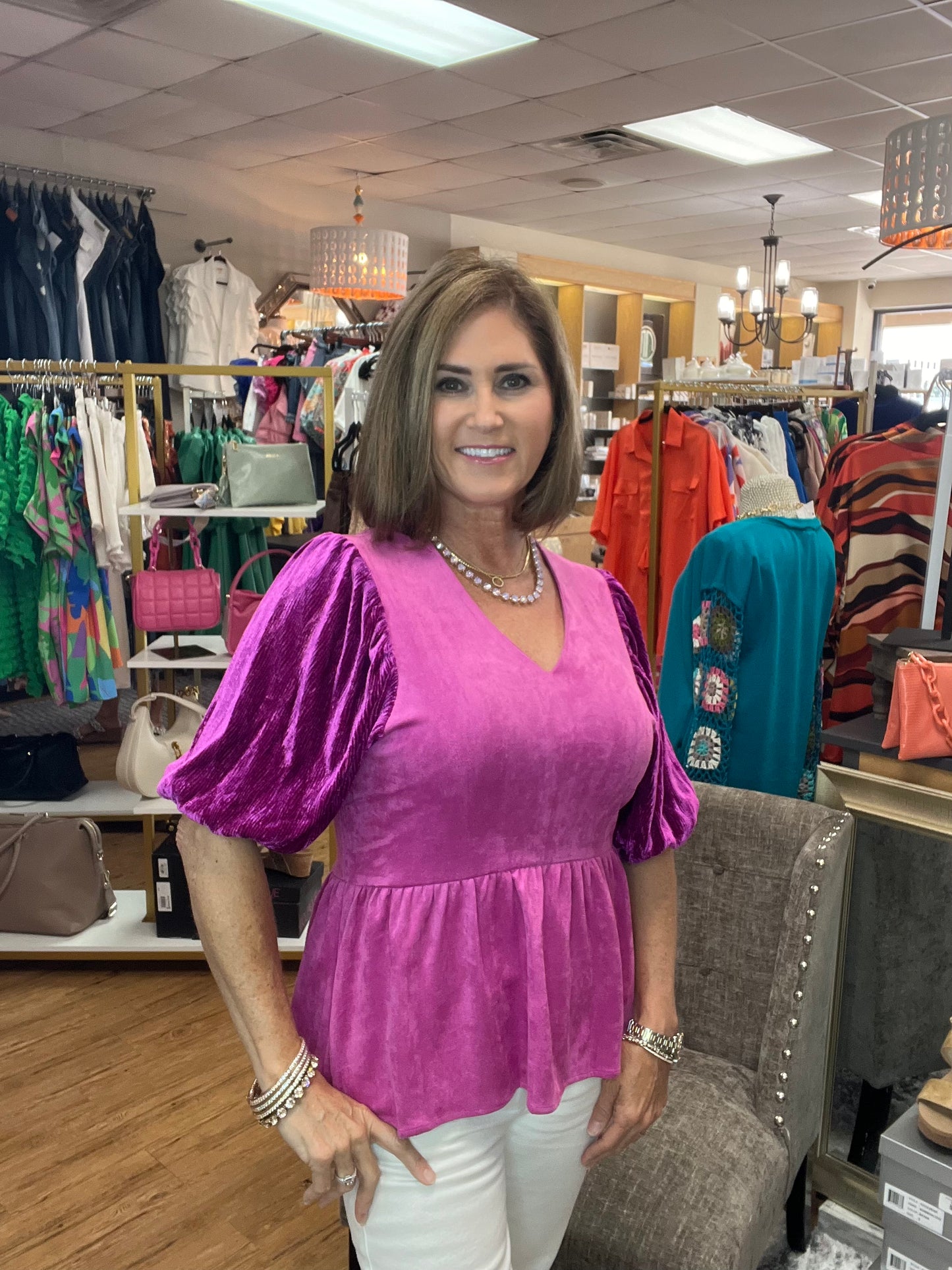 Puff Sleeve Velvet Peplum Top