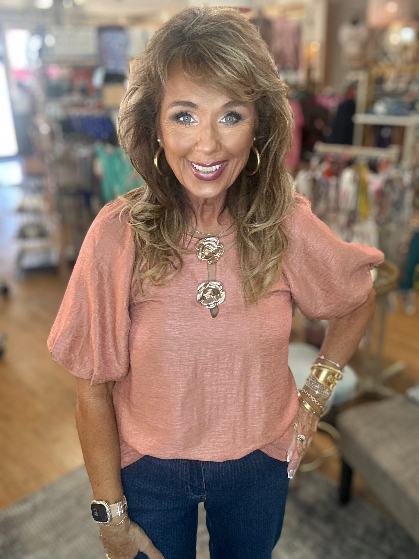 Puff Sleeve Top w/Flower Button Detail