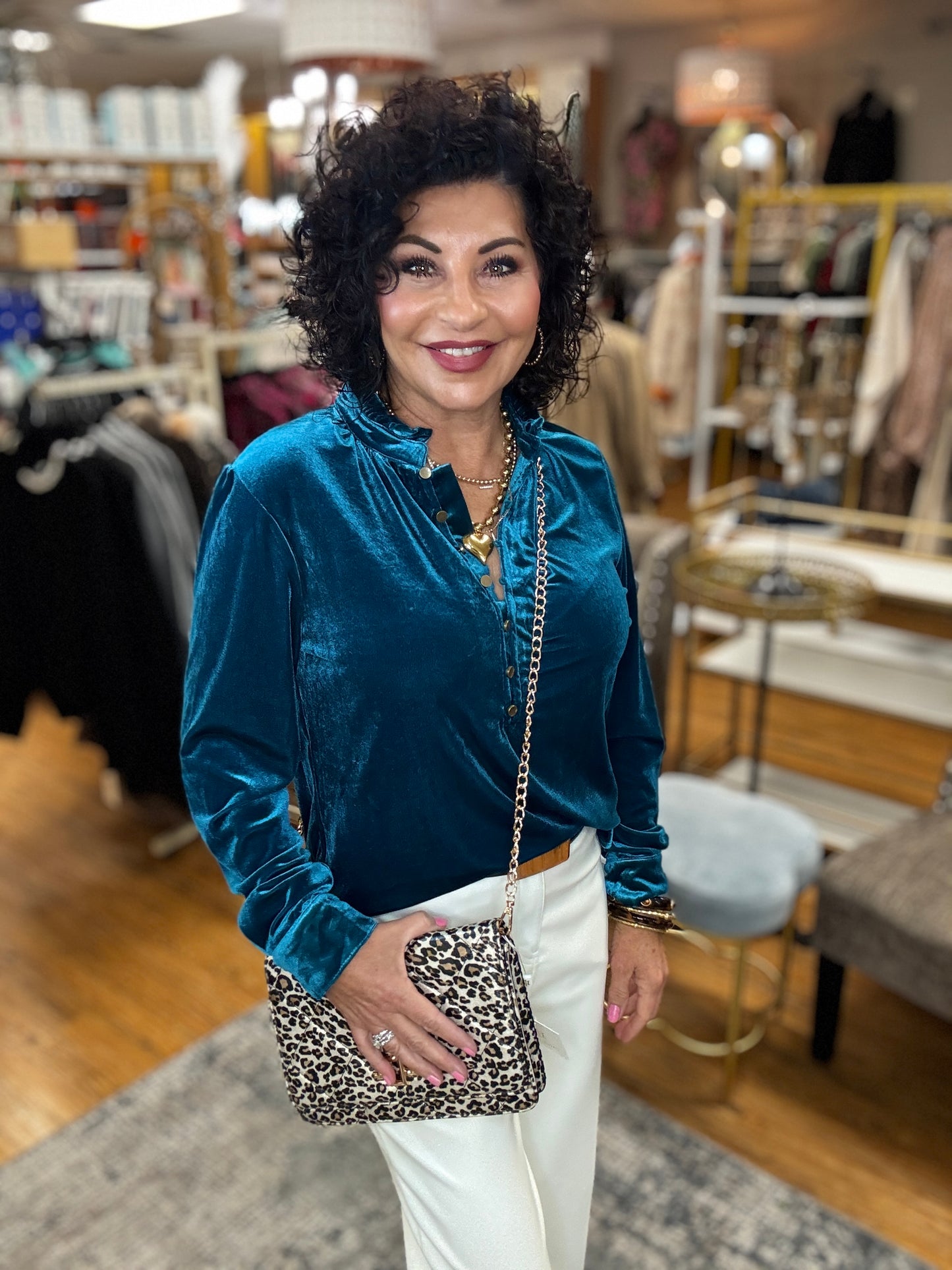 Ruffle Collard Button Front Velvet Top