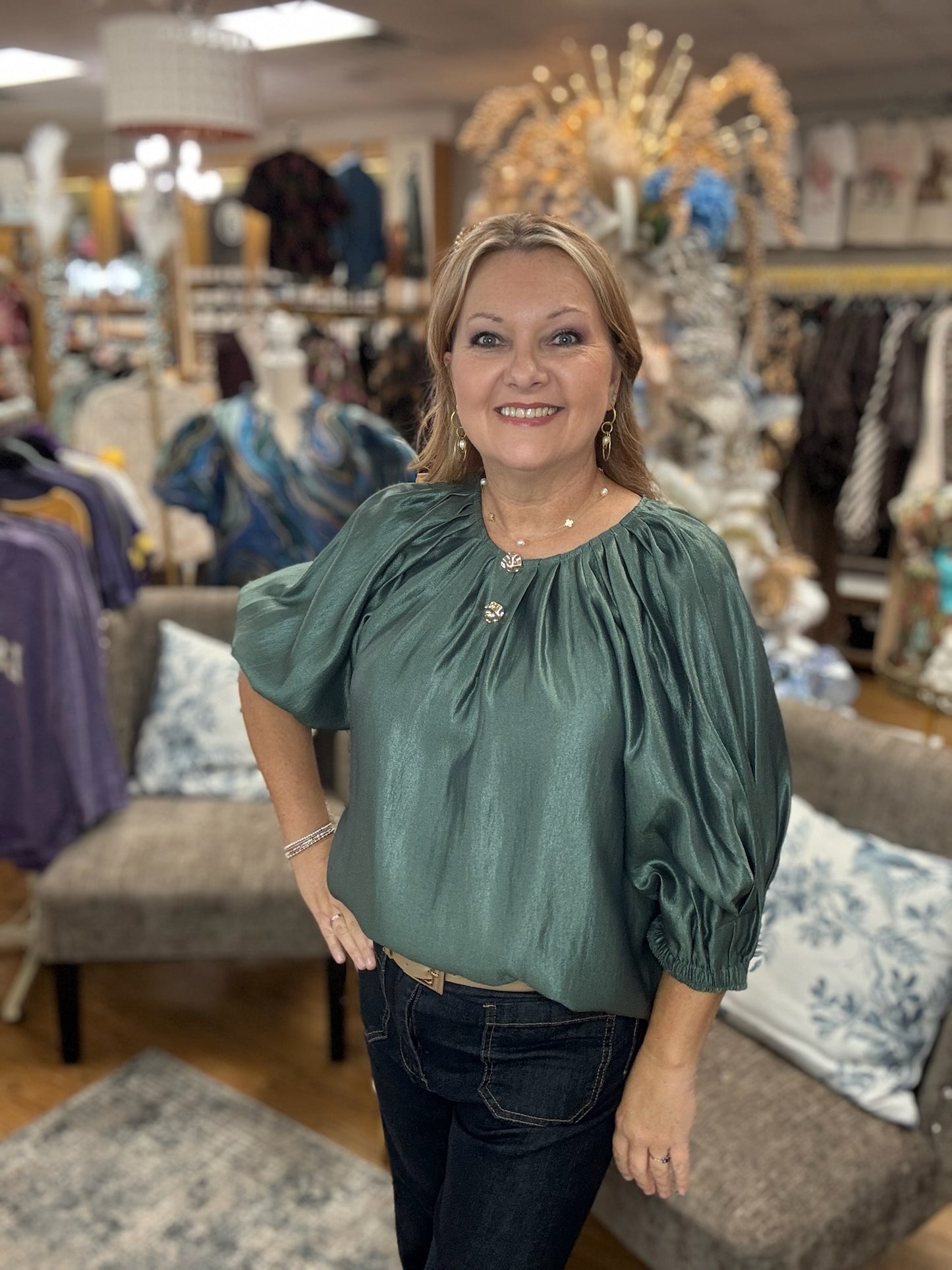 Puff Sleeve Metal Trim Elegant Top