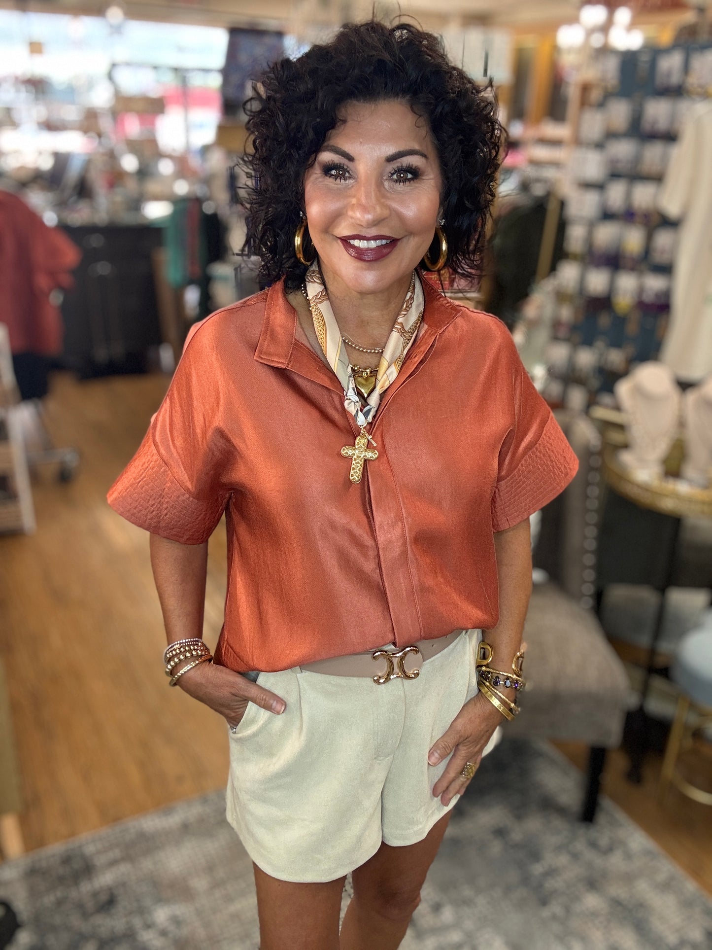Button Front Textured Detail Trim Top