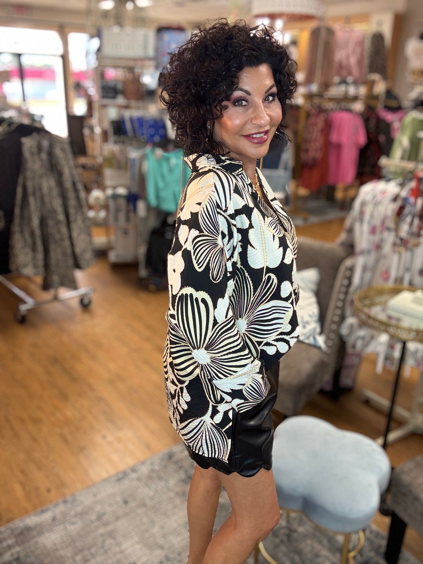 V-Neck Collared Oversize Top w/Button Cuff