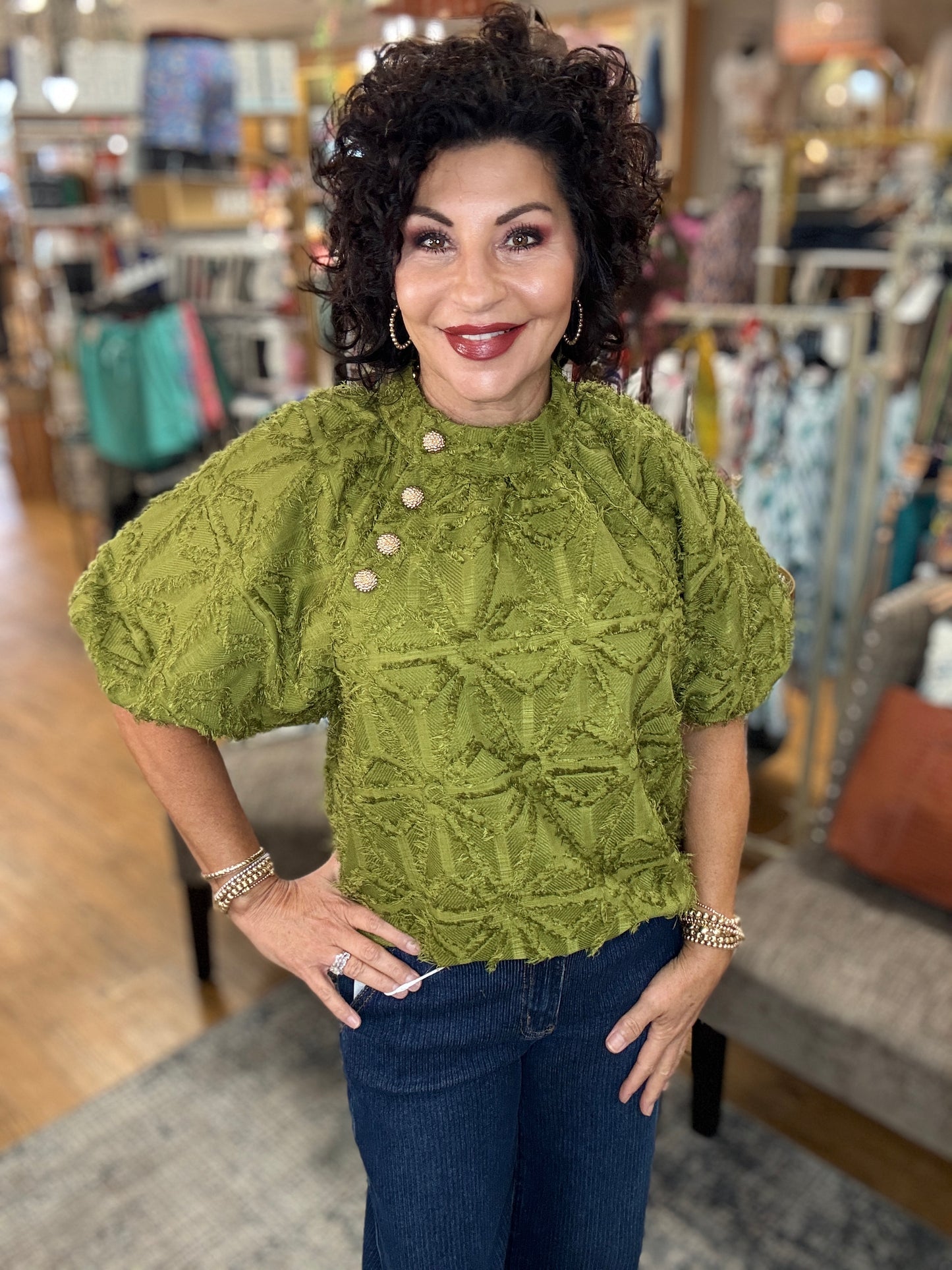 Puff Sleeve Fringe Pattern Top w/Gold Button Detail