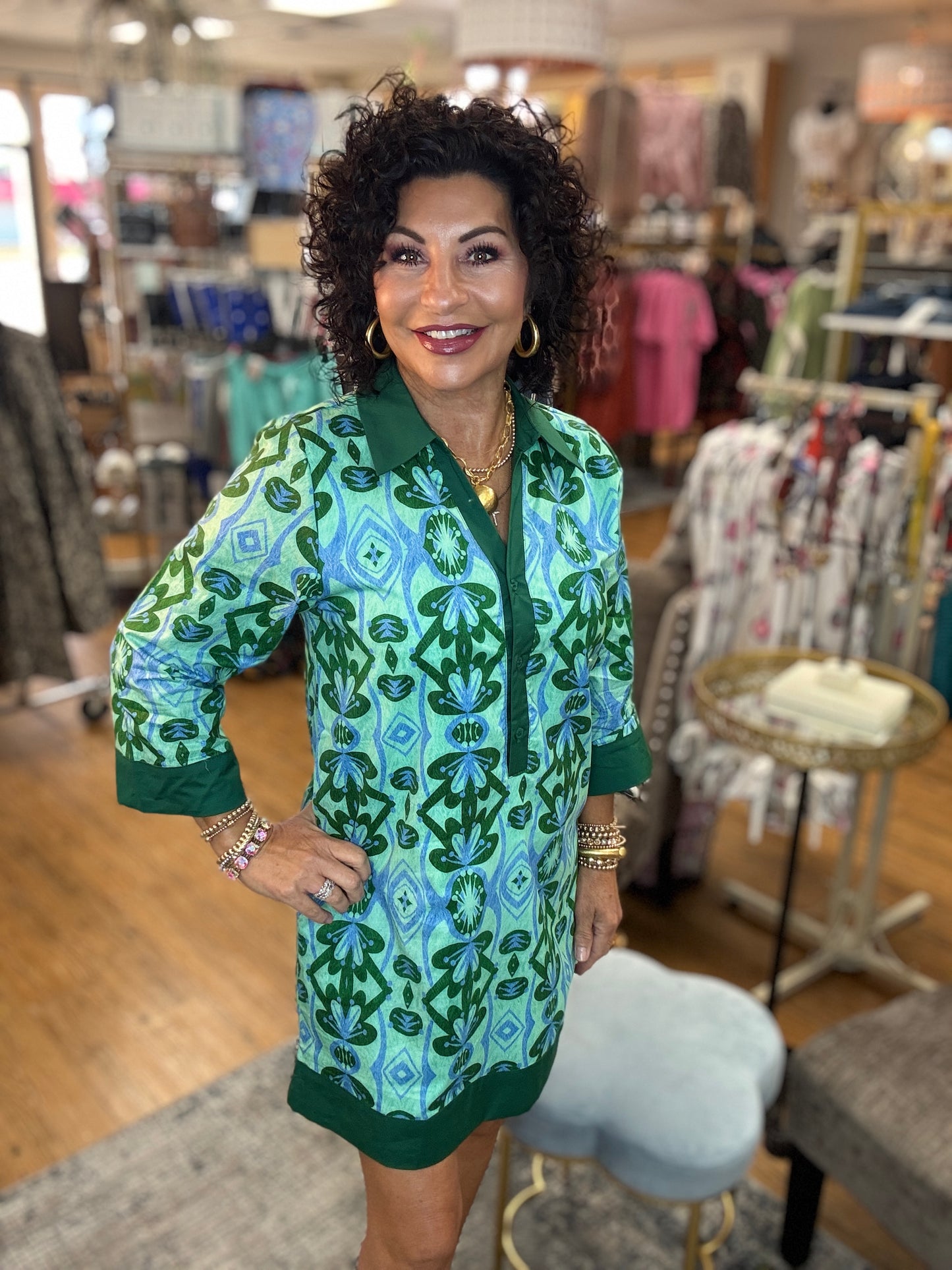 3/4 sleeves boho floral dress with side pockets, solid contrast accen