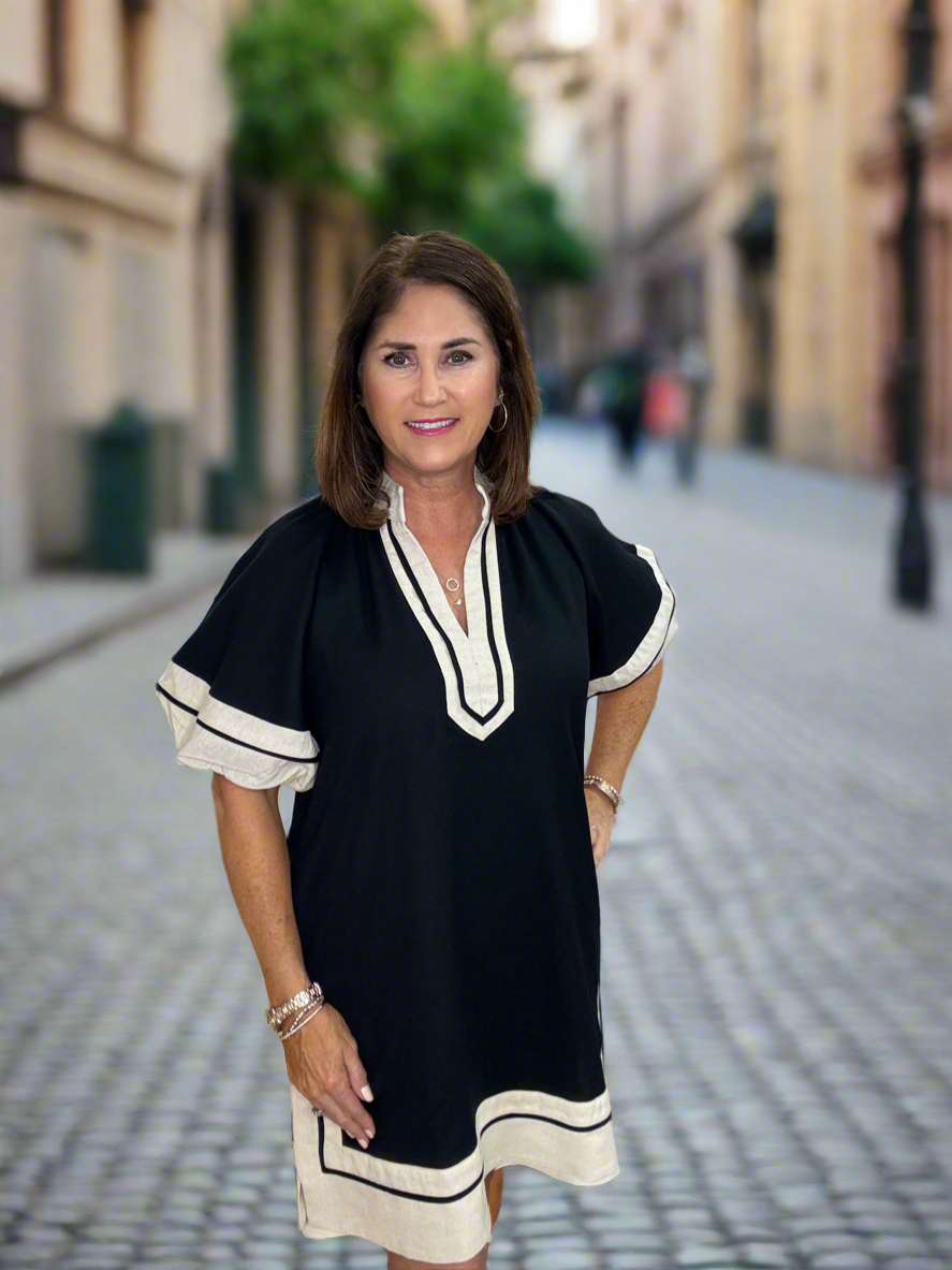 BLACK TRIMMED IN CREAM LINEN DRESS