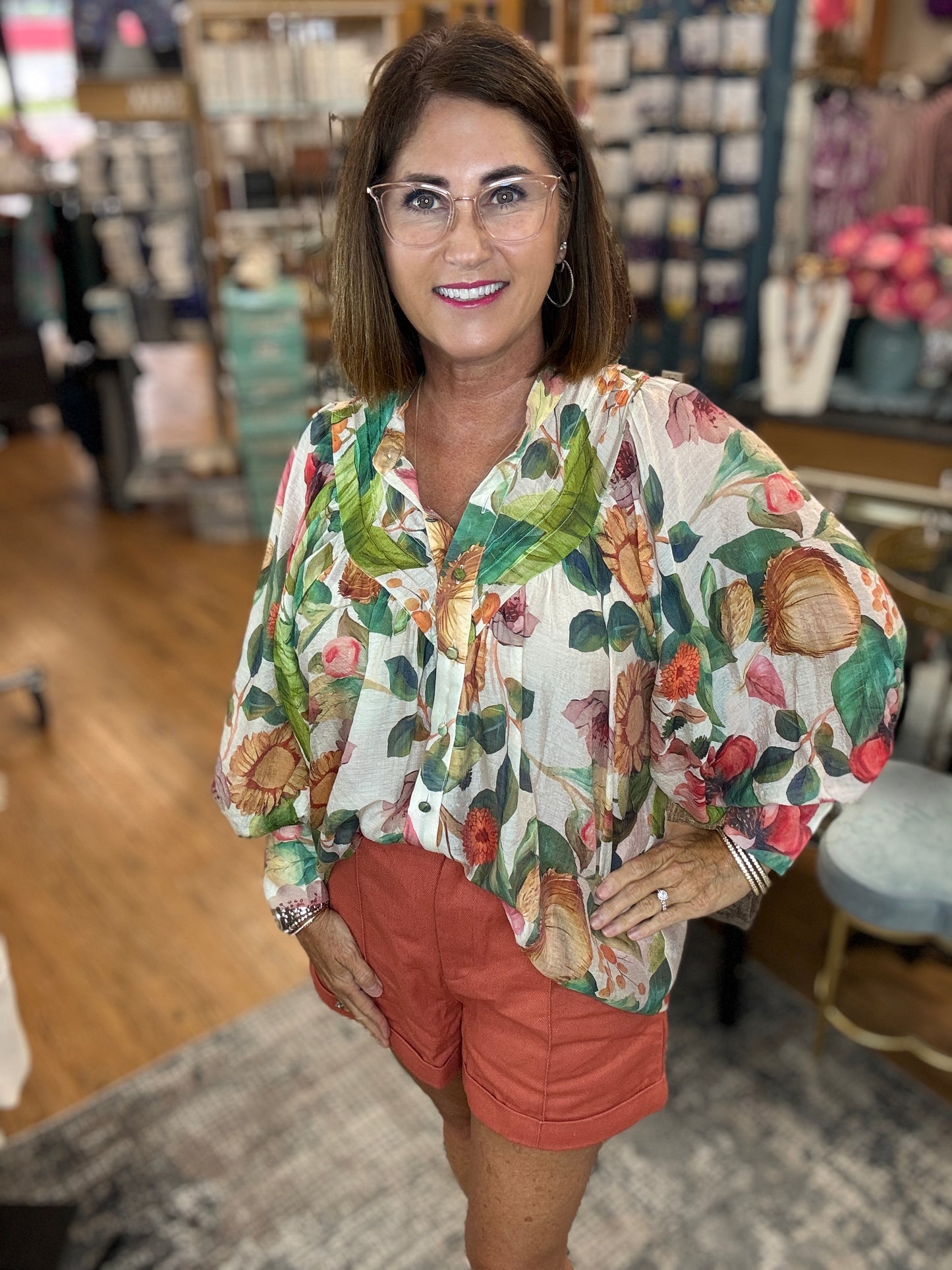 Forest Bloom Floral Print Button Down Top