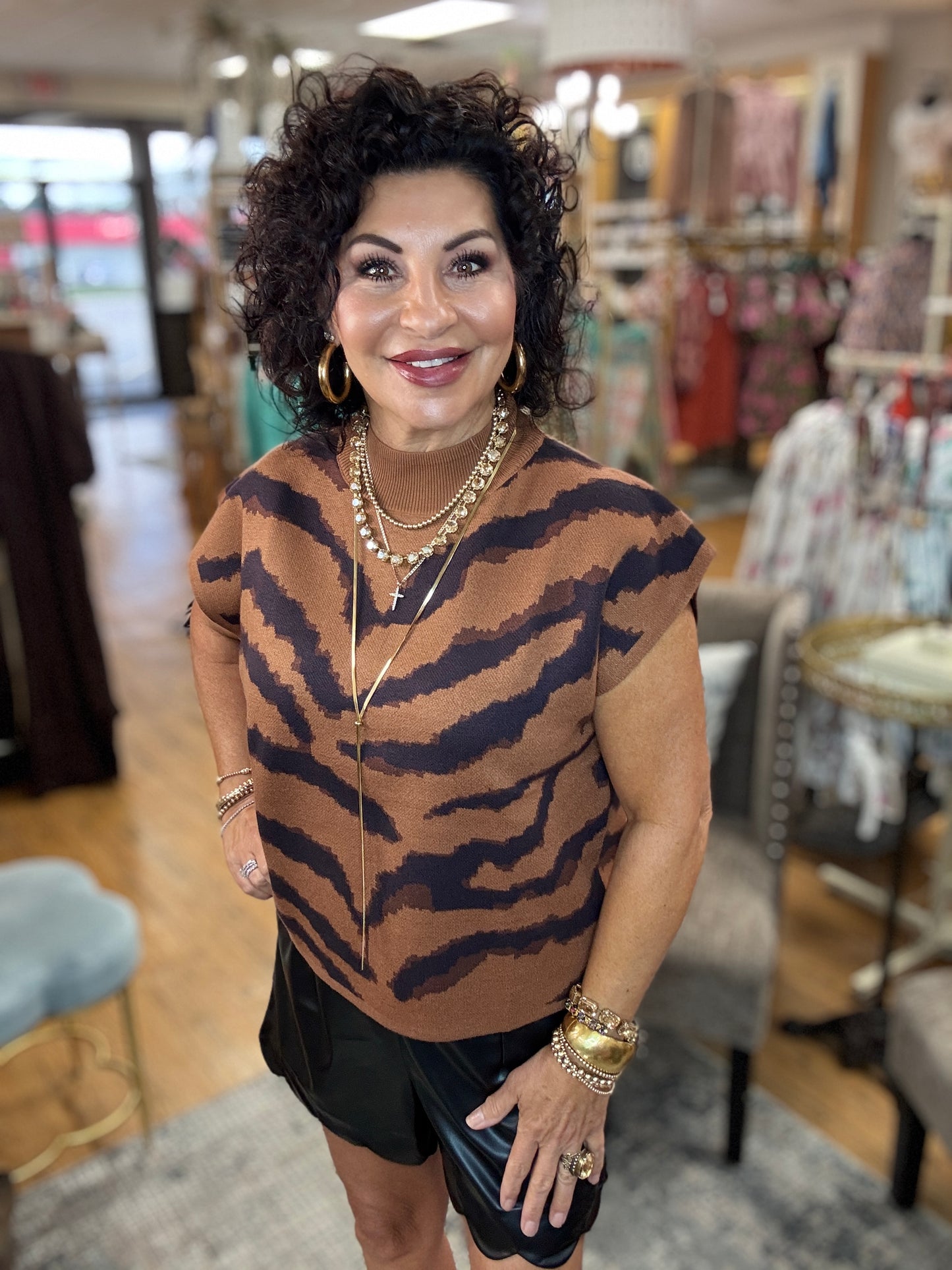 Animal pattern short sleeve mock neck sweater
